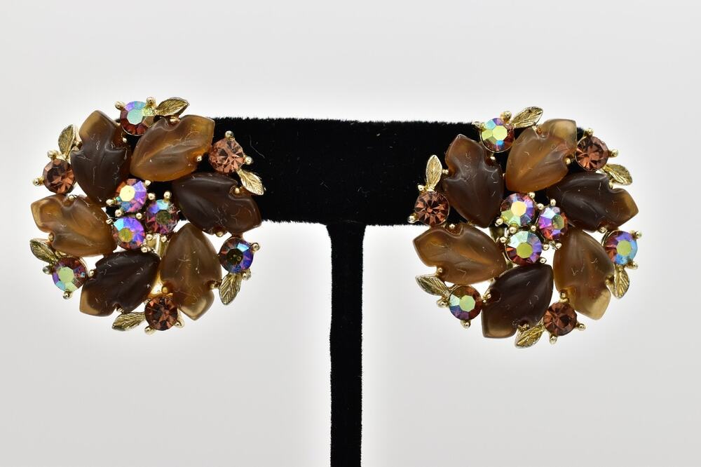 Lisner Vintage Brown Lucite Leaf AB Rhinestone Crystal Clip On Earrings BinBK
